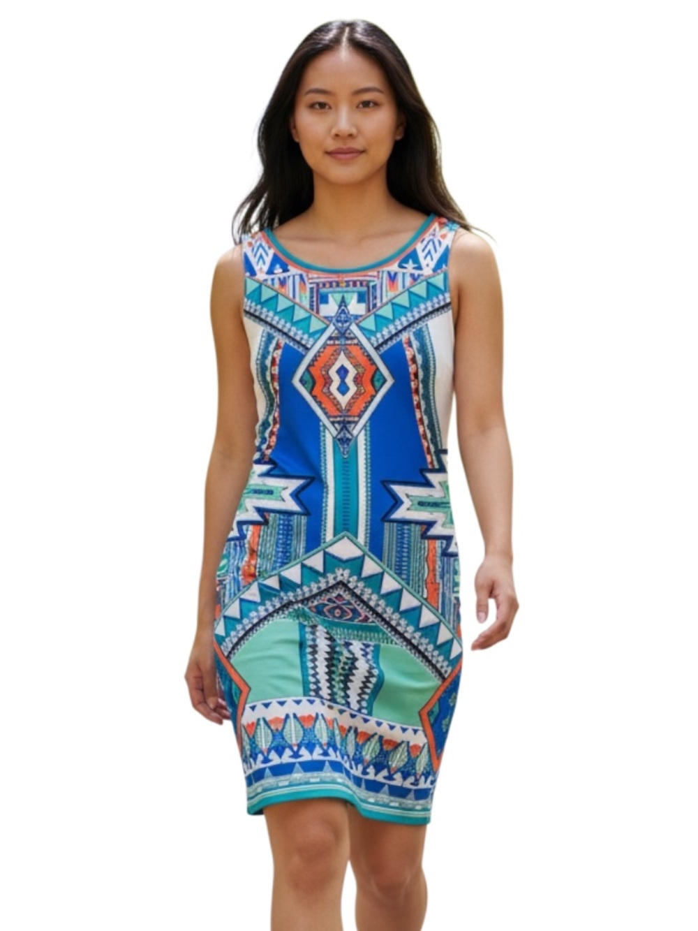 Peach Puff Blue & Teal Geo-Print Sleeveless Mini Dress